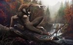  anthro autumn avian bird black_nose canine cheek_tuft claws forest green_eyes jumping leaping leaves male mammal mane mist mountain nude outside parkour pawpads pubes river solo stone toe_claws tree tuft water waterfall whiluna wolf 