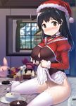  alternate_costume bad_anatomy bad_feet black_hair blurry blurry_background blush breasts brown_eyes cake danbo_(rock_clime) food hat juliet_sleeves kantai_collection large_breasts long_hair long_sleeves puffy_sleeves santa_costume santa_hat smile solo thighhighs ushio_(kantai_collection) white_legwear 