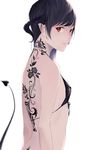 absurdres akito_(d30n26) back_tattoo black_hair breasts demon_tail from_side highres horns looking_at_viewer original pointy_ears red_eyes simple_background small_breasts solo tail tail_raised tattoo white_background 