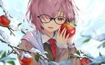  alternate_eye_color apple black_dress branch dress fate/grand_order fate_(series) food fruit glasses hair_behind_eyewear hair_over_one_eye jacket macciatto_(aciel02) mash_kyrielight necktie purple_hair red_eyes short_hair smile snow solo 