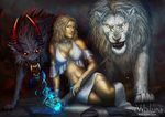  anklet armlet black_fur blonde_hair bracelet canine claws clothed clothing demon fangs feline feral fur glowing glowing_eyes guardian hair horn human jewelry lion magic mammal necklace sharp_teeth sitting skirt smile snarling staff standing_over teeth whiluna white_fur wolf 