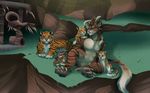  4_ears anthro charr claws compass_(artist) cub day detailed_background feline female feral flat_chested fluffy fluffy_tail fur grass group guild_wars horn looking_at_viewer lying mammal multi_ear nipples nude pawpads sitting sky striped_fur stripes tiger video_games young 