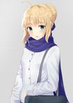  ahoge arm_at_side arm_rest artist_name artoria_pendragon_(all) bag bangs blonde_hair blue_ribbon blue_scarf blush coat fate/stay_night fate_(series) green_eyes grey_background hair_bun hair_ribbon highres huidare long_sleeves looking_at_viewer parted_lips ribbon saber scarf shiny shiny_hair shoulder_bag sidelocks simple_background sleeves_past_wrists solo tareme upper_body white_coat winter_clothes winter_coat 