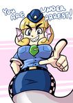  2016 absurd_res anaugi blonde_hair blue_eyes breasts clothed clothing digital_drawing_(artwork) digital_media_(artwork) english_text female grin hair hat hi_res humanoid lorelei_(monster_girl_gamu) low-angle_view marine merfolk monster_girl_gamu pointing police police_uniform sharp_teeth simple_background smile solo teeth text uniform 