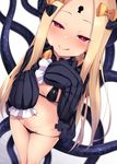  :q abigail_williams_(fate/grand_order) bangs bikini black_bikini blonde_hair blush bow breasts breath bright_pupils closed_mouth dutch_angle fate/grand_order fate_(series) foreshortening gradient gradient_background hair_bow half-closed_eyes hat highres keyhole legs_together long_hair long_sleeves looking_at_viewer lowleg lowleg_bikini naughty_face parted_bangs pink_eyes pussy_juice satou_kuuki sidelocks simple_background sleeves_past_wrists small_breasts solo string_bikini swimsuit tentacles tongue tongue_out very_long_hair 