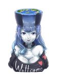  bare_shoulders black_shirt blue_eyes blue_hair breasts bust_cup cleavage clothes_writing collar collarbone commentary hat hecatia_lapislazuli itatatata jpeg_artifacts large_breasts looking_at_viewer off-shoulder_shirt pointy_ears pun shirt simple_background smile solo t-shirt touhou upper_body water white_background 
