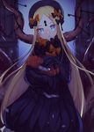  abigail_williams_(fate/grand_order) bangs black_bow black_dress black_hat blonde_hair blue_eyes blush bow closed_mouth commentary_request dress fate/grand_order fate_(series) glowing glowing_eyes hair_bow hat head_tilt highres holding holding_stuffed_animal key keyhole long_hair long_sleeves looking_at_viewer odeng_touken orange_bow parted_bangs polka_dot polka_dot_bow sleeves_past_wrists solo stuffed_animal stuffed_toy teddy_bear tentacles very_long_hair 