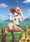  :/ ankle_ribbon bad_id bad_pixiv_id bandeau bangs bare_shoulders black_footwear black_hair blue_eyes blue_ribbon breasts choker cleavage closed_mouth cloud daisy day dirt_road fence field flower frilled_skirt frills front-tie_top grass hand_on_headwear hat hat_flower hat_ribbon high_heels highres holding holding_flower jpeg_artifacts kneehighs layered_skirt long_sleeves looking_at_viewer medium_breasts midriff miniskirt mountain navel off-shoulder_shirt on_fence outdoors petals ribbon road shirt sitting sitting_on_fence skirt sky solo sun_hat sunflower sunlight thigh_strap thighs tied_shirt wooden_fence yamaku_ujou 