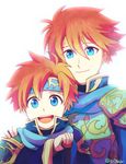  armor blue_armor blue_eyes cape cosplay durandal_(fire_emblem) eliwood_(fire_emblem) eliwood_(fire_emblem)_(cosplay) father_and_son fire_emblem fire_emblem:_fuuin_no_tsurugi fire_emblem:_rekka_no_ken fire_emblem_heroes headband looking_at_viewer male_focus multiple_boys red_hair roy_(fire_emblem) simple_background smile sword weapon white_background 