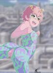  2017 absurd_res antennae ashido_mina bare_shoulders black_sclera breasts butt clothing female hair hi_res horn humanoid mask monster_girl_(genre) my_hero_academia naruka not_furry pink_hair pink_skin pussy simple_background tight_clothing 