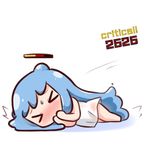  &gt;_&lt; absurdly_long_hair bangs barefoot blue_hair blush chibi closed_eyes commentary_request covering_mouth damage_numbers double_bun dress facing_viewer fallen_down gameplay_mechanics goo_girl half_slime-chan hana_kazari health_bar long_hair lying monster_girl nose_blush on_side original solo sweat very_long_hair white_background white_dress 