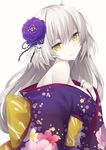  breasts fate/grand_order fate_(series) flower grey_hair hair_between_eyes hair_flower hair_ornament highres japanese_clothes jeanne_d'arc_(alter)_(fate) jeanne_d'arc_(fate)_(all) kimono large_breasts long_hair looking_at_viewer miko_92 off_shoulder open_clothes open_kimono silver_hair solo upper_body white_background yellow_eyes 