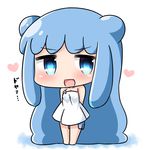  :d absurdly_long_hair arms_behind_head bangs bare_shoulders barefoot blue_eyes blue_hair blush chibi collarbone commentary_request double_bun dress eyebrows_visible_through_hair full_body goo_girl half_slime-chan hana_kazari heart long_hair looking_at_viewer monster_girl open_mouth original smile solo standing strapless strapless_dress translation_request v-shaped_eyebrows very_long_hair white_dress 