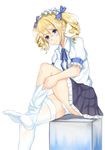  1girl blonde_hair blue_eyes blush copyright_request drill_hair feet headdress long_hair one_leg_raised pantyshot sitting smile twin_drills twintails white_legwear 