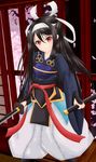  architecture armor black_bullet black_hair cherry_blossoms commentary_request east_asian_architecture headband highres japanese_armor katana long_hair long_sleeves mibu_asaka myaakaa red_eyes sheath solo sword weapon window 