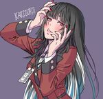  bangs black_hair blunt_bangs blush breasts commentary_request eyelashes hands_on_own_face hime_cut jabami_yumeko jewelry kakegurui lips long_hair long_sleeves looking_at_viewer medium_breasts nail_polish necklace parted_lips purple_background red_eyes school_uniform sketch smile solo suit_jacket upper_body very_long_hair yamashita_shun'ya 