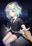  absurdres androgynous belt black_neckwear black_shirt black_shorts city diamond_(houseki_no_kuni) elbow_gloves gem_uniform_(houseki_no_kuni) gloves guozi_li highres holding_hands houseki_no_kuni lavender_eyes looking_at_viewer multicolored_hair night out_of_frame pov pov_hands puffy_short_sleeves puffy_sleeves shiny shiny_hair shirt short_hair short_sleeves shorts sitting sky solo_focus star_(sky) starry_sky thighhighs white_belt white_gloves white_legwear 