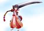  black_eyes black_hair breasts eyebrows hair_ornament hairband holding holding_sword holding_weapon huge_weapon japanese_clothes kosenko long_hair looking_at_viewer medium_breasts miko original ponytail single_sleeve sleeveless smile solo sword thick_eyebrows weapon 
