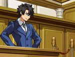  black_hair blue_eyes blue_suit commentary cosplay courtroom fate/grand_order fate_(series) formal fujimaru_ritsuka_(male) gyakuten_saiban hair_intakes hands_on_hips male_focus naruhodou_ryuuichi naruhodou_ryuuichi_(cosplay) nekoremon parody pixel_art smile solo suit 