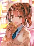  :d blue_neckwear brown_eyes brown_hair cardigan collared_shirt commentary_request doughnut eating eyebrows_visible_through_hair food highres holding holding_food long_sleeves looking_at_viewer necktie open_mouth pon_de_ring ponytail rioka_(southern_blue_sky) shirt smile solo upper_body white_shirt wing_collar 