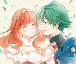  1girl alm_(fire_emblem) armor bare_shoulders blush breasts celica_(fire_emblem) circlet couple detached_collar earrings fire_emblem fire_emblem_echoes:_mou_hitori_no_eiyuuou green_eyes hairband hetero jewelry leaf long_hair looking_at_another medium_breasts open_mouth orange_hair red_eyes short_hair smile tbsw turtleneck upper_body wind 