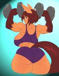  big_breasts breasts brown_hair clothed clothing female flexing fur gehennalis green_eyes hair looking_at_viewer mammal muscular orange_fur partially_clothed rodent roxxan short_hair squirrel tango_bat tangobat weights wide_hips 