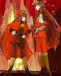  1girl artist_name blush boots brother_and_sister brown_hair cape eyebrows_visible_through_hair fate/grand_order fate_(series) fire frown hands_on_hips hat height_difference koha-ace long_hair looking_at_another oda_nobukatsu_(fate/grand_order) oda_nobunaga_(fate) oda_uri open_mouth red_cape red_eyes siblings sketch sweat tearing_up uhana 