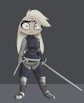  2018 anthro armor belt chainmail clothed clothing female gambeson greaves grey_eyes holding_object holding_weapon lagomorph landylyn_(yitexity) looking_at_viewer mammal melee_weapon rabbit scabbard simple_background solo standing sword weapon wide_eyed yitexity 