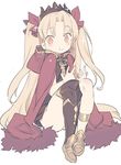  asymmetrical_legwear bangs black_legwear blade_(galaxist) blonde_hair blush brown_dress cloak closed_mouth commentary_request dress earrings ereshkigal_(fate/grand_order) eyebrows_visible_through_hair fate/grand_order fate_(series) full_body gold_footwear hair_intakes hair_ribbon headdress hood hooded_cloak hoodie jewelry long_hair looking_at_viewer orange_eyes red_cloak red_ribbon ribbon shoes simple_background single_thighhigh sitting smile solo sparkle tareme thighhighs two_side_up very_long_hair white_background 