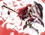  adricarra armor armored_boots boots feathers fire_emblem fire_emblem_if full_body gauntlets hair_between_eyes hairband highres long_hair matoi_(fire_emblem_if) polearm red_eyes red_hair shield solo weapon winged_hair_ornament 