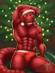  2017 abs anthro blue_eyes briefs bulge candy candy_cane christmas christmas_tree claws clothing dinosaur food genghis_rex grin hat holidays invalid_tag inviting looking_at_viewer male muscular muscular_male red_scales santa_hat scales signature simple_background sitting smile solo teeth theropod tree tyrannosaurus_rex underwear vallhund 