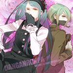  1boy 1girl bandage chains crossdressing danganronpa dress duo gloves green_eyes green_hair headdress japanese_clothes long_hair long_sleeves maid maid_headdress mask matching_hair/eyes new_danganronpa_v3 nogaki_suzume shinguuji_korekiyo toujou_kirumi uniform yellow_eyes 