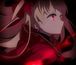  :o bangs blonde_hair cape commentary earrings ereshkigal_(fate/grand_order) eyebrows_visible_through_hair fate/grand_order fate_(series) from_side hiiragi_fuyuki jewelry long_hair parted_lips red_cape red_eyes solo twintails upper_body 