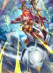  armor arrow bird boat bow bow_(weapon) breastplate cloud cloudy_sky day dress elbow_gloves fire_emblem fire_emblem_cipher fire_emblem_if foreshortening gloves hair_between_eyes hairband hmk84 long_hair looking_at_viewer matoi_(fire_emblem_if) ocean official_art open_mouth pegasus_knight quiver red_eyes red_gloves red_hair riding_bird sky smile tassel watercraft watermark weapon winged_hair_ornament 