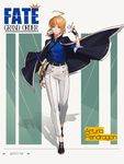  ahoge alternate_costume artoria_pendragon_(all) belt black_footwear black_neckwear blonde_hair blue_eyes blue_shirt braid character_name cigarette copyright_name crown crown_braid excalibur fate/grand_order fate_(series) fingerless_gloves ftuzi full_body gloves highres jacket_on_shoulders necktie pants saber shirt shoes sidelocks sleeves_folded_up solo walking white_pants 