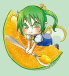  ascot cantaloupe chamaji chibi commentary daiyousei dress eyebrows_visible_through_hair fairy_wings food fruit green_eyes green_hair hair_between_eyes hair_ribbon highres kneeling melon puffy_cheeks puffy_short_sleeves puffy_sleeves ribbon shoes short_sleeves side_ponytail simple_background solo spoon touhou wings 