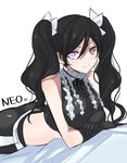  1girl alternate_costume alternate_hair_color alternate_hairstyle ass bare_shoulders black_hair breasts brown_eyes gloves heart heterochromia long_hair looking_at_viewer lying medium_breasts neo_(rwby) on_stomach pink_eyes rwby smile solo tied_hair twintails 