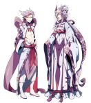 2boys abs arms_at_sides creatures_(company) earrings game_freak gen_1_pokemon hair_between_eyes hair_ornament horns japanese_clothes jewelry long_hair looking_at_viewer mega_mewtwo_x mega_mewtwo_y mewtwo multiple_boys navel nintendo personification pokemon ponytail purple_hair purple_scarf robe scarf very_long_hair white_background white_footwear wide_sleeves zazaki 