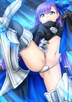  armor armored_boots ass asymmetrical_bangs bangs black_coat blue_eyes blue_ribbon boots cape crotch_plate eyebrows_visible_through_hair fate/extra fate/extra_ccc fate_(series) hair_ribbon highleg highleg_panties highres leg_up light_rays long_hair looking_at_viewer meltlilith navel panties purple_hair revealing_clothes ribbon sazanami_tarou sleeves_past_wrists smile solo spread_legs underwear very_long_hair 
