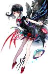  :&gt; asymmetrical_wings bangs bare_arms bare_legs black_dress black_hair black_wings bow bowtie center_frills closed_mouth dress eyelashes feathered_wings full_body highres holding holding_weapon houjuu_nue leaning_forward long_hair looking_at_viewer pointy_ears polearm red_eyes red_footwear red_neckwear rooseputo_02 shoes short_dress short_sleeves simple_background slit_pupils smile snake solo touhou trident ufo weapon white_background wings 