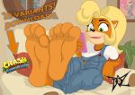  4_toes anthro bandicoot blonde_hair clothing coco_bandicoot countershade_feet crash_bandicoot_(series) dazidentevil feet foot_focus green_eyes hair lipstick makeup mammal marsupial overalls phone soles toes video_games 