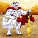  2017 4_toes 5_fingers abs animal_genitalia animal_penis anthro autumn balls black_nose bulge canine canine_penis cape clothing digitigrade eyebrows fully_sheathed fur grin hair hand_on_hip hungothenomster looking_at_viewer male mammal melee_weapon muscular muscular_male nipples penis pose red_eyes redmight sharp_teeth sheath smile solo standing sword teeth toes underwear weapon white_fur white_hair wolf 