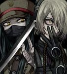  1boy 1girl bandage black_hair danganronpa duo gloves green_eyes grey_hair hat headdress japanese_clothes long_hair long_sleeves maid maid_headdress mask new_danganronpa_v3 rope shinguuji_korekiyo short_hair sword toujou_kirumi uniform weapon xino yellow_eyes 