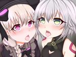  2girls akaki_tsubasa bare_shoulders black_bow black_hat blush bow braid breasts cleavage eyebrows_visible_through_hair fate/apocrypha fate/extra fate_(series) hair_between_eyes hair_bow hat jack_the_ripper_(fate/apocrypha) long_hair looking_at_viewer low_braid multiple_girls nose_blush nursery_rhyme_(fate/extra) open_mouth purple_eyes silver_hair small_breasts tattoo tongue tongue_out upper_body yellow_eyes 