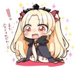  1girl between_legs black_cape blonde_hair boots cape chibi commentary_request crying crying_with_eyes_open detached_sleeves earrings ereshkigal_(fate/grand_order) eyebrows_visible_through_hair fate/grand_order fate_(series) full_body hand_between_legs highres jako_(jakoo21) jewelry long_hair looking_at_viewer red_eyes single_detached_sleeve sitting solo sparkle tears translation_request 