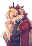  black_shirt blonde_hair bow cape crown crying crying_with_eyes_open earrings ereshkigal_(fate/grand_order) eyebrows_visible_through_hair eyes_visible_through_hair fate/grand_order fate_(series) hair_bow half-closed_eyes highres jewelry kotoribako long_hair long_sleeves red_bow red_cape red_eyes shirt simple_background single_sleeve sketch solo tears upper_body white_background wiping_tears 