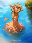  2017 amber_eyes anthro basitin blush brown_fur clothed clothing cute dress female fur hand_in_hair hi_res looking_at_viewer madelyn_adelaide mammal partially_submerged smile solo standing sundress tom_fischbach twokinds water webcomic wet yellow_eyes 