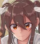  absurdres blush bow brown_eyes brown_hair close-up closed_mouth commentary_request embarrassed eyebrows_visible_through_hair eyes eyes_visible_through_hair face food food_on_face hair_between_eyes hair_bow highres holding holding_food kantai_collection long_hair looking_at_viewer shirt solo tone_(kantai_collection) twintails white_bow white_shirt yami_(m31) 