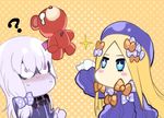 2girls ? abigail_williams_(fate/grand_order) bangs blonde_hair blue_eyes blush bow chibi constricted_pupils dos_(james30226) dress fate/grand_order fate_(series) hair_bow hat horn impaled jpeg_artifacts lavinia_whateley_(fate/grand_order) long_hair multiple_girls no_mouth no_nose nose_blush orange_background orange_bow polka_dot polka_dot_background polka_dot_bow purple_eyes silver_hair sleeves_past_wrists sparkle stuffed_animal stuffed_toy tears teddy_bear very_long_hair 