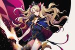  black_dress blonde_hair boots bow buckle cape closed_mouth commentary_request crown dress ereshkigal_(fate/grand_order) eyebrows_visible_through_hair fate/grand_order fate_(series) floating_hair hair_bow high_heel_boots high_heels highres holding long_hair looking_at_viewer red_cape red_eyes solo tenobe thigh_boots thighhighs twintails two-tone_background 